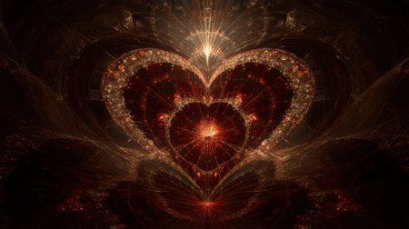 This stunning image features an intricate heart shape design illuminated by radiant light, perfect for conveying love and artistic inspiration.の素材