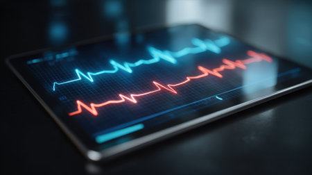Close-up view of a digital tablet showcasing colorful heart rate monitor readings. The illuminated screen presents critical health data in a modern, sleek format, perfect for medical and wellness applications.の素材