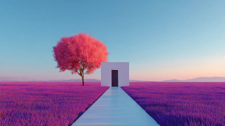 A tranquil scene featuring a white door on a pathway leading towards a vibrant pink tree in a field of purple grass under a clear blue sky.の素材