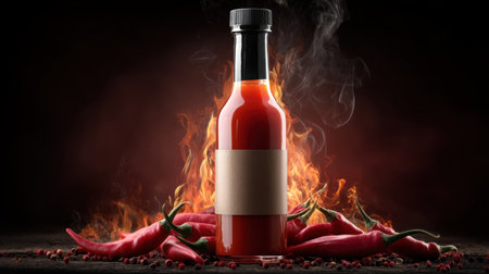 A captivating hot sauce bottle positioned amidst a vibrant display of red chilies, with smoke rising and fire in the backdrop, highlighting culinary heat.の素材