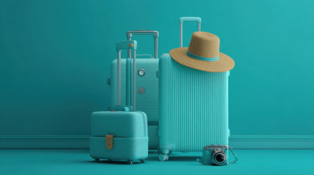 A stunning arrangement of turquoise travel luggage paired with a straw hat and vintage camera, creating a perfect vacation theme. Ideal for travel inspiration.の素材