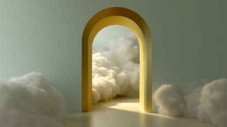 This captivating image features a striking archway illuminated by soft light, surrounded by fluffy clouds, evoking feelings of tranquility and inspiration.の素材