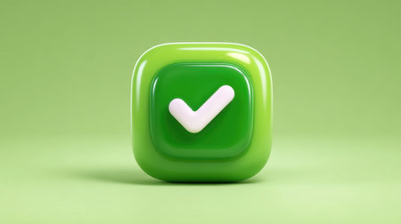 This image features a glossy green checkmark icon on a smooth green background, symbolizing approval and success in a modern design.の素材