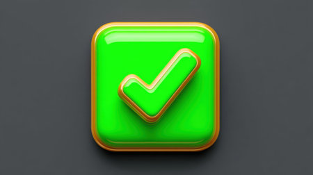 This vibrant green check mark icon showcases a glossy finish on a square surface, symbolizing success and approval in digital contexts.の素材
