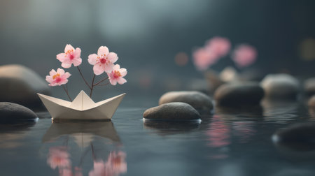 A beautiful paper boat adorned with delicate pink flowers floats serenely on calm water, surrounded by smooth stones, creating a tranquil and peaceful scene.の素材