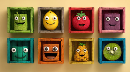 This playful image features vibrant cartoon fruits and vegetables with smiling faces arranged in rustic wooden boxes against a warm yellow backdrop.の素材