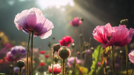 A captivating scene of vibrant poppy flowers illuminated by warm sunlight creates a tranquil atmosphere in nature. The soft bokeh effect enhances the beauty of this blossoming garden, perfect for springtime imagery.の素材