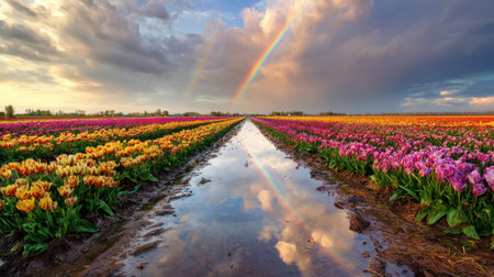 A stunning view of a vibrant tulip field with a clear reflection in water and a rainbow arching across the dramatic sky, showcasing nature's beauty.の素材