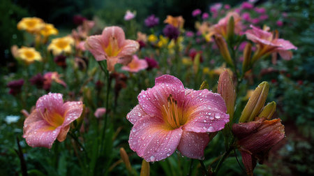 A stunning array of vibrant flowers adorned with dew drops, set in a lush garden teeming with life, showcasing nature's beauty.の素材
