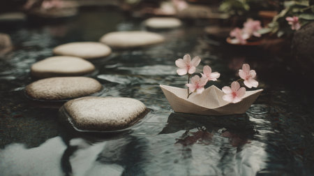 A charming paper boat floats gracefully on calm water, accompanied by delicate pink flowers, creating a tranquil and peaceful atmosphere.の素材
