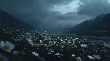 A serene landscape featuring a field of daisies under a dramatic stormy sky. The scene captures the beauty and tranquility of nature amid moody weather in a mountainous region.の素材