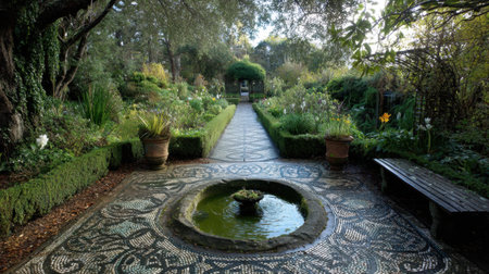 Discover a tranquil garden pathway featuring intricate mosaic pavers and a serene fountain. Lush flowerbeds and greenery create a peaceful atmosphere.の素材