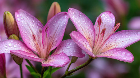 Two exquisite pink lily flowers glisten with droplets of dew, showcasing their delicate petals amidst a vibrant garden background, exuding natural beauty.の素材