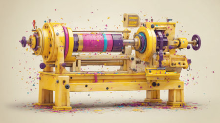 This whimsical scene features a colorful vintage printing machine surrounded by vibrant confetti, creating a playful and festive atmosphere perfect for creative projects.の素材