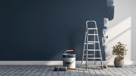 A modern interior scene featuring a ladder next to a paint can and brush, alongside a partially painted blue wall and a potted plant, showcasing home renovation.の素材
