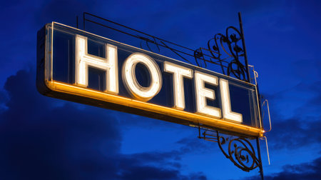 This stunning vintage neon hotel sign stands out against a dramatic blue sky at dusk, creating a warm and inviting atmosphere for travelers.の素材