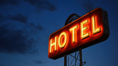 Stunning vintage neon hotel sign glowing against a twilight sky, creating a nostalgic and inviting atmosphere for travelers seeking accommodation.の素材