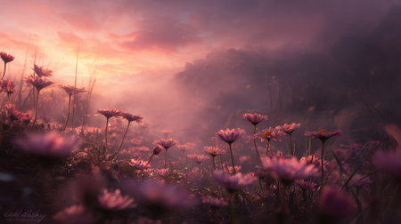 A captivating landscape showcasing blooming flowers under a stunning dusk sky, enveloped in gentle mist, creating a tranquil atmosphere.の素材