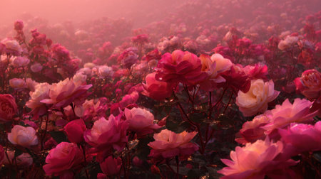 A stunning view of vibrant pink and white roses blooming in a field, illuminated by soft morning light. This tranquil scene invites feelings of peace and beauty.の素材