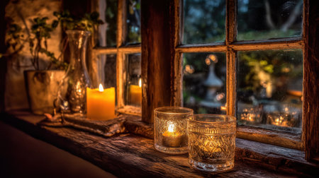 A serene scene featuring glowing candles and textured glassware by a rustic window, creating a warm and inviting atmosphere perfect for relaxation at night.の素材
