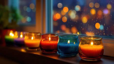 A serene scene featuring colorful candles casting warm light on a windowsill. The backdrop showcases blurred city lights and raindrops, creating a tranquil atmosphere perfect for relaxation.の素材