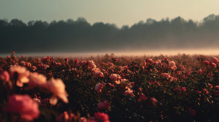 Experience the beauty of a misty morning in a rose field, showcasing delicate pink blooms surrounded by lush greenery and tranquil atmosphere.の素材