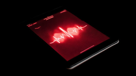 A smartphone screen displaying a vibrant red heartbeat visualization, symbolizing advanced health monitoring technology and innovation in medical care.の素材