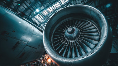 Detailed close-up view of an aircraft turbine engine showcasing its intricate design and engineering. The industrial backdrop enhances the aviation theme.の素材