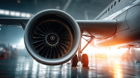 This captivating image features a close-up view of a jet engine mounted on an aircraft within a well-lit hangar. The intricate details of modern engineering and aviation technology are prominently displayed, showcasing the immense power and precision involved in flight.の素材