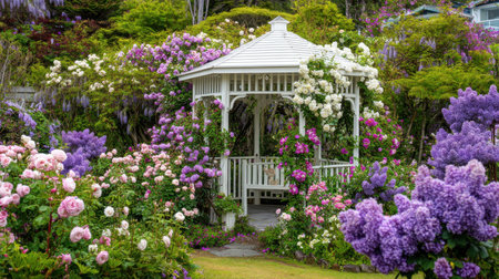 This stunning garden features a charming gazebo enveloped by a breathtaking display of pink and purple flowers, creating a serene retreat perfect for relaxation.の素材