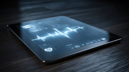 A sleek tablet displaying a digital heartbeat monitor with real-time cardiac data, set against a dark backdrop, perfect for healthcare technology themes.の素材