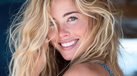 Radiant young woman with long blonde hair smiles beautifully, capturing the essence of joy and natural beauty in soft, warm lighting.の素材