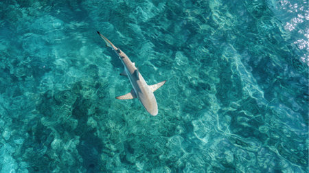 A stunning aerial view of a shark swimming effortlessly in the clear blue waters of a tropical environment, showcasing marine beauty.の素材