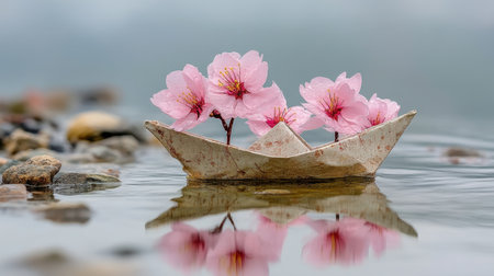 A beautiful scene features delicate pink cherry blossoms nestled in a rustic paper boat, gracefully floating on a tranquil water surface, mirrored by pebbles.の素材