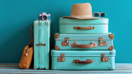 Bright vintage luggage stacked artistically with a stylish hat, camera, and sunglasses against a vibrant turquoise backdrop, ideal for travel themes.の素材