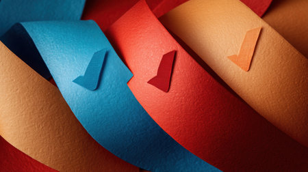 A close-up view of vibrant textured paper ribbons in blue, orange, and red, showcasing their unique shapes and colors for creative inspiration.の素材