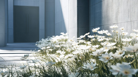 A tranquil garden path adorned with white flowers and bathed in soft sunlight, creating a serene atmosphere in a modern architectural space.の素材