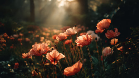 Experience the beauty of delicate poppy flowers bathed in soft sunlight in a tranquil forest clearing, capturing the serene essence of nature's awakening.の素材