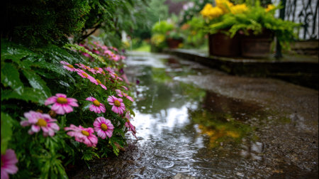 A peaceful garden pathway adorned with colorful flowers reflects a serene atmosphere amid gentle rainfall, inviting relaxation in nature.の素材