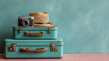 This charming composition features vintage suitcases, an old camera, and a straw hat against a turquoise wall, perfect for evoking travel nostalgia.の素材