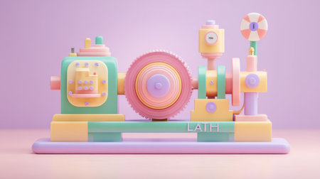 Vibrant 3D representation of a lathe machine showcasing bright pastel colors. Ideal for design, technology themes, and modern industrial applications.の素材