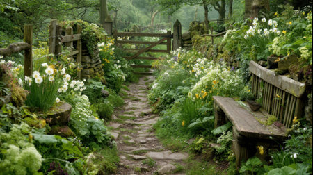 Explore a tranquil garden path adorned with vibrant flowers and lush greenery, leading to a rustic wooden bench. A serene escape into nature awaits amidst gentle sunlight and inviting textures, perfect for relaxation and contemplation.の素材