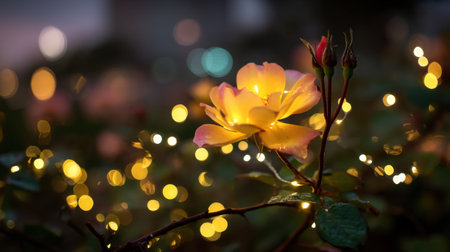 A stunning yellow rose basking in soft bokeh lights creates a dreamy atmosphere, capturing the enchanting beauty of nature during twilight.の素材