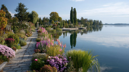 A picturesque lakeside garden pathway adorned with vibrant flowers and lush greenery, reflecting calm waters under a bright sky.の素材