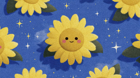 This delightful illustration features cheerful sunflowers with cute faces against a vibrant blue background. The playful design includes sparkling stars, creating a joyful and whimsical atmosphere perfect for various creative projects.の素材