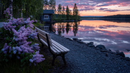 A stunning lakeside scene at sunset, featuring lilac flowers beside a wooden bench. The calm water reflects the vibrant sky, creating a serene atmosphere.の素材