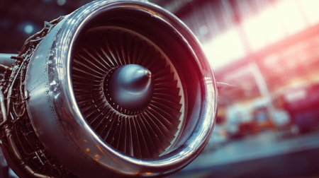Captured in a modern aviation hangar, this stunning close-up of a jet engine highlights the intricate details of its turbine blades and metallic surfaces.の素材