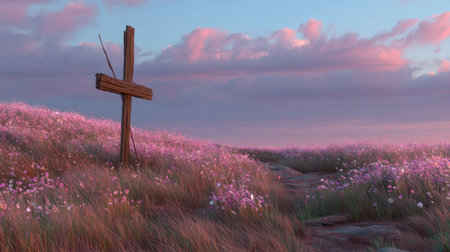 A tranquil sunrise illuminates a wooden cross in a lush flower field, surrounded by soft clouds and gentle breezes, evoking peace.の素材