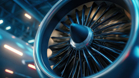 This detailed close-up captures the intricate design of a jet engine turbine, showcasing precision engineering and technology in aviation.の素材