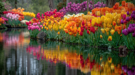 A breathtaking display of colorful tulips in full bloom reflects beautifully on tranquil water, creating a serene springtime scene perfect for nature lovers and photographers.の素材